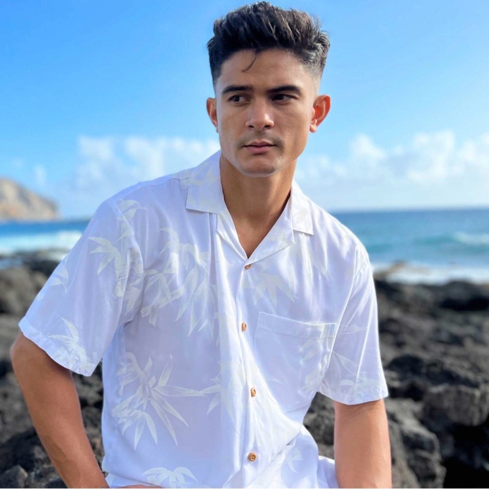 Elegant White Bamboo Pattern Men's Dress Shirt